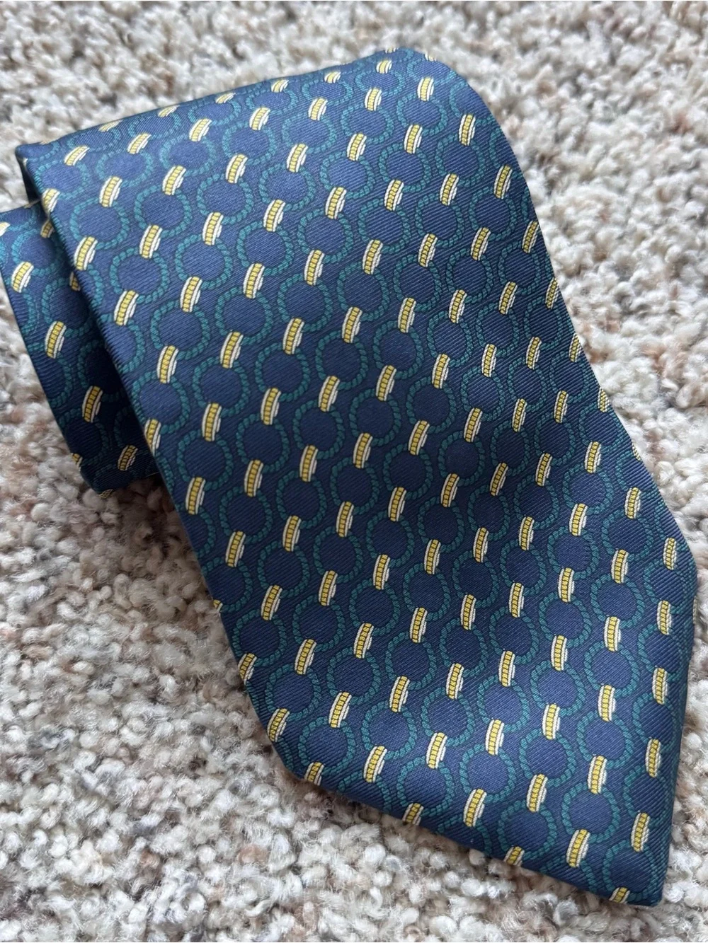 Vtg Brooks Brothers Makers Silk Tie Made in USA Navy Green Geometric Medallion
